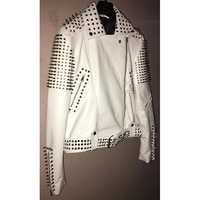 Crafted Leather Handmade White Color Biker Real Leather Studded Jackets For Mens - Thumbnail 1