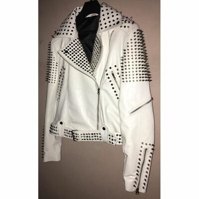 Crafted leather handmade white color biker real leather studded jackets for mens