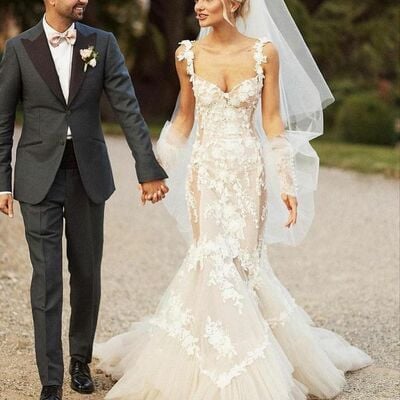 Sexy mermaid wedding gown, appliques lace bridal gown wedding dress