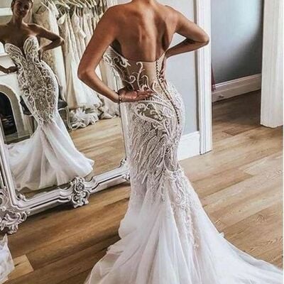 Sexy mermaid wedding gown, beads appliques lace bridal gown wedding dress