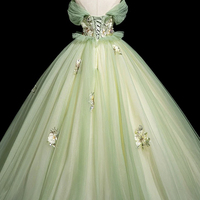 Green Tulle Floral Long A-Line Off the Shoulder Prom Party Dress - Thumbnail 1