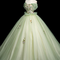 Green Tulle Floral Long A-Line Off the Shoulder Prom Party Dress - Thumbnail 2