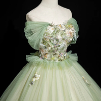 Green Tulle Floral Long A-Line Off the Shoulder Prom Party Dress - Thumbnail 3