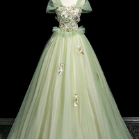 Green Tulle Floral Long A-Line Off the Shoulder Prom Party Dress - Thumbnail 4