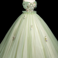 Green Tulle Floral Long A-Line Off the Shoulder Prom Party Dress - Thumbnail 5