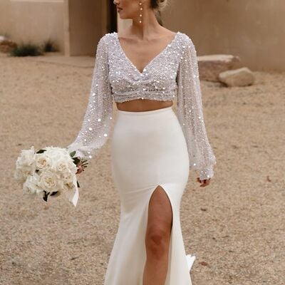 Two pieces sequins lace top beach bohemia wedding dress bridal gowns wedding gown