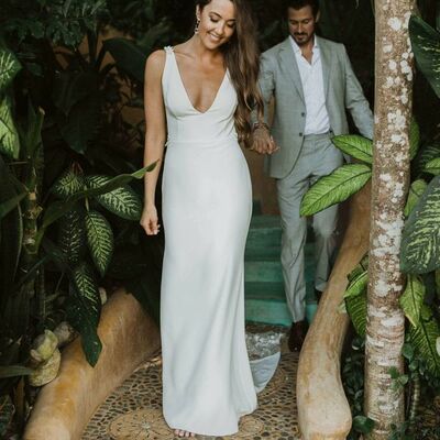 Sexy mermaid deep v-neck satin wedding dress bridal gown wedding gown