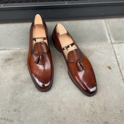 Handmade Men Brown Leather Tassel Loafers Dress Shoes