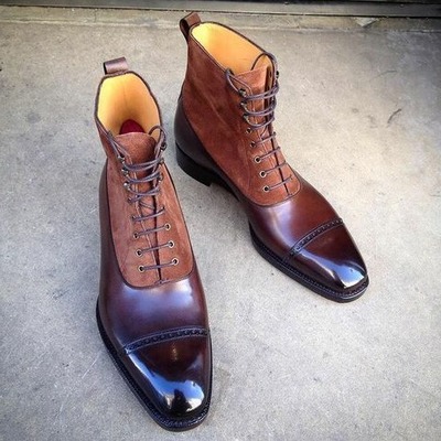 Handmade Men Brown Suede Leather Ankle High Lace up Dress Boot