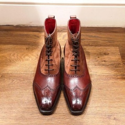 Handmade men brown suede leather ankle high lace up dress boot