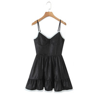 V-neck contrast design chest-baring waist short dress - Thumbnail 3