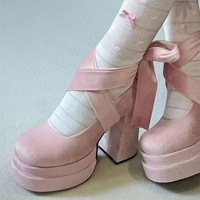 Pink Velvet Strappy Chunky High Heels - Thumbnail 1