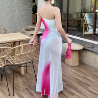 Floral Print Tube Top Slit Fit Mesh Dress - Thumbnail 1