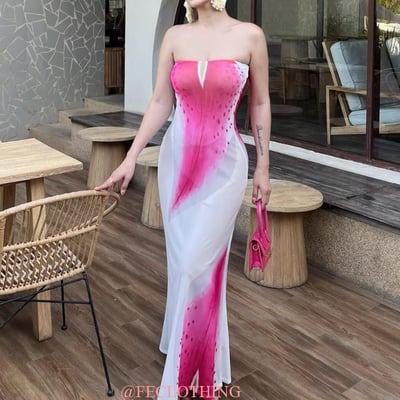 Floral print tube top slit fit mesh dress - Thumbnail 2