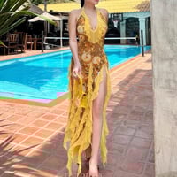 Floral Print Tube Top Slit Fit Mesh Dress - Thumbnail 2