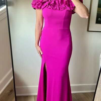 Elegant hot pink off the shoulder mother of the bride/groom dress evening formal dress