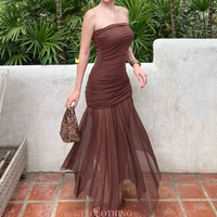 Sexy tube top sleeveless pleated slim fit stitching mesh long dress - Thumbnail 6