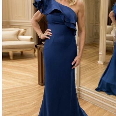 Navy blue one shoulder satin mother of the bride/groom dress evening formal dress