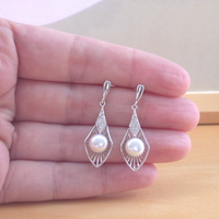 Sterling Silver White Freshwater Pearl & Cz Drop Earrings/Pearl Earrings/Pearl Dangly Earrings/Pearl Stud Earrings/Pearl Jewellery/June Birthstone - Thumbnail 1