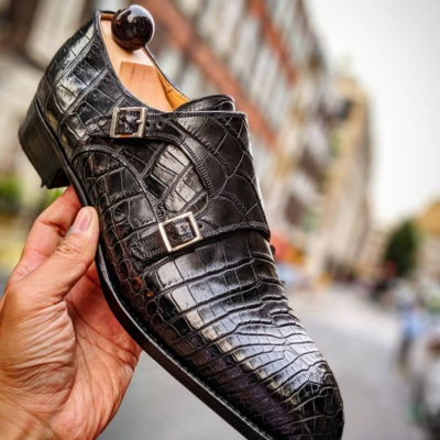 Handmade men black crocodile/alligator leather dress shoes - Thumbnail 2