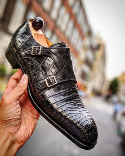 Handmade Men Black Crocodile/Alligator Leather Dress Shoes