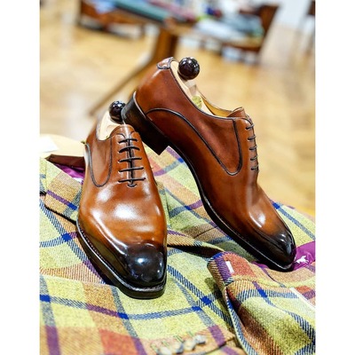Handmade men brown leather dress shoes - Thumbnail 2