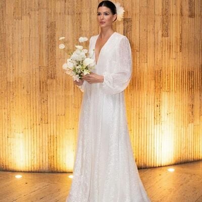 Sexy a line deep v-neck sequins long sleeve wedding dress bridal gown wedding gown