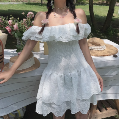 Retro lace trim one shoulder tutu dress