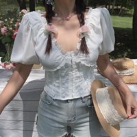 White Funnel V-neck Puff Sleeve Top Shirt - Thumbnail 4