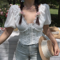 White Funnel V-neck Puff Sleeve Top Shirt - Thumbnail 5