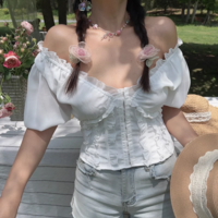 White Funnel V-neck Puff Sleeve Top Shirt - Thumbnail 2