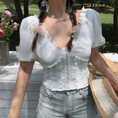 White funnel v-neck puff sleeve top shirt