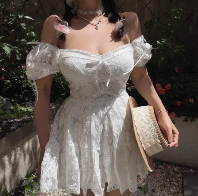 Square Neck Bow Lace Waist Dress