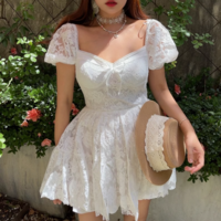 Square Neck Bow Lace Waist Dress - Thumbnail 1