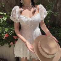 Square Neck Bow Lace Waist Dress - Thumbnail 2