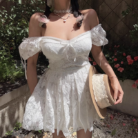 Square Neck Bow Lace Waist Dress - Thumbnail 7