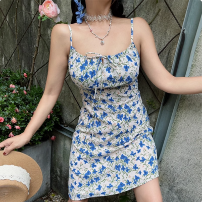Holiday style blue butterfly floral waist suspender skirt hip dress