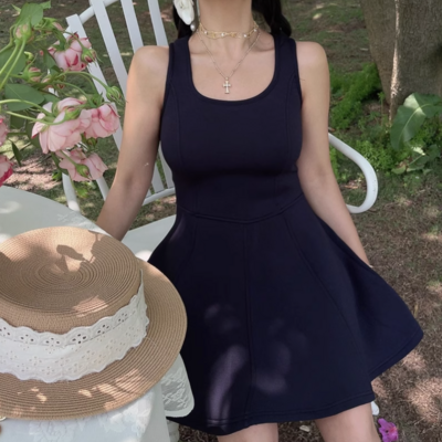 U-neck space layer a-line sleeveless vest short dress