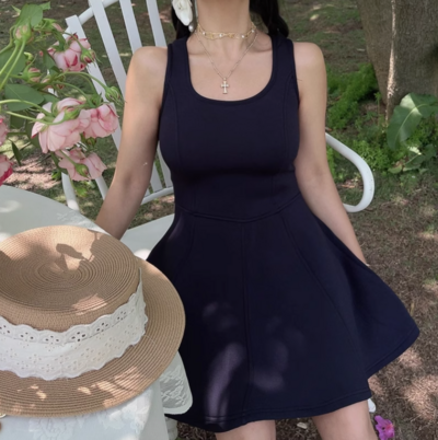 U-neck space layer A-line sleeveless vest short dress