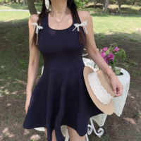 U-neck space layer A-line sleeveless vest short dress - Thumbnail 1