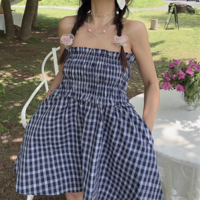 Retro blue plaid two-way tube top suspender skirt