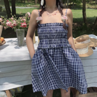 Retro blue plaid two-way tube top suspender skirt - Thumbnail 1