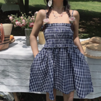 Retro blue plaid two-way tube top suspender skirt - Thumbnail 3
