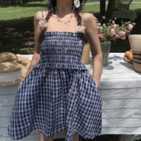 Retro blue plaid two-way tube top suspender skirt - Thumbnail 2