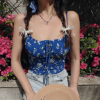 Retro chest drawstring straps holiday casual slim fit top camisole - Thumbnail 1