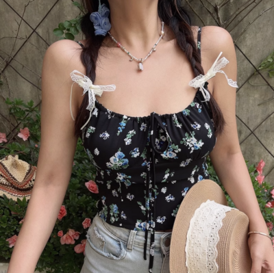 Retro chest drawstring straps holiday casual slim fit top camisole