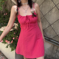 Retro chest drawstring plaid waist temperament casual dress - Thumbnail 1