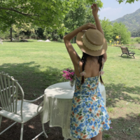 Daisy print tie bow sexy V-neck suspender long dress - Thumbnail 2