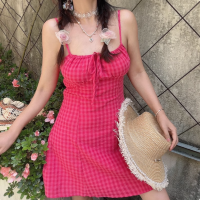 Retro chest drawstring plaid waist temperament casual dress