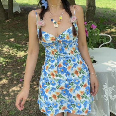 Daisy print tie bow sexy v-neck suspender long dress